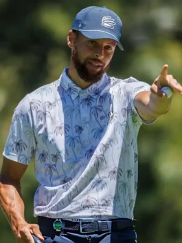 Close-up view of lightweight polyester Stephen Curry ACC Palm Tree Polo Shirt showing the classic half button closure.
