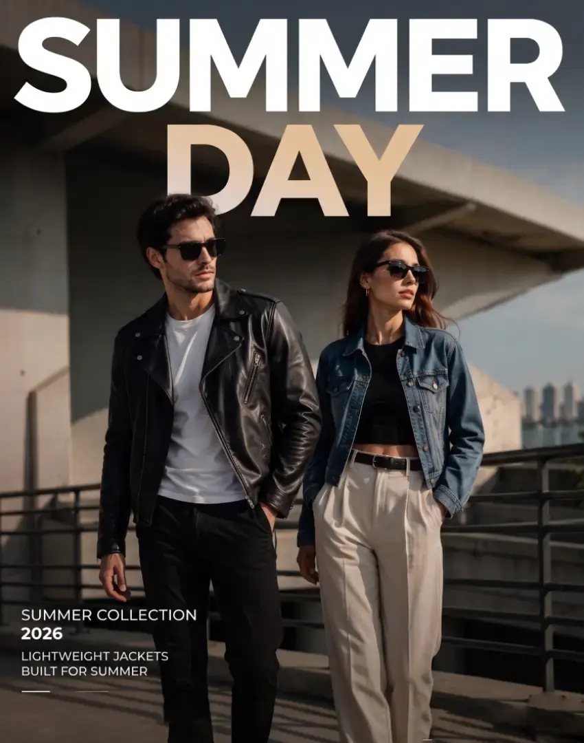 black biker jacket and woman in a blue denim jacket wearing sunglasses for the Summer Collection 2026 banner.