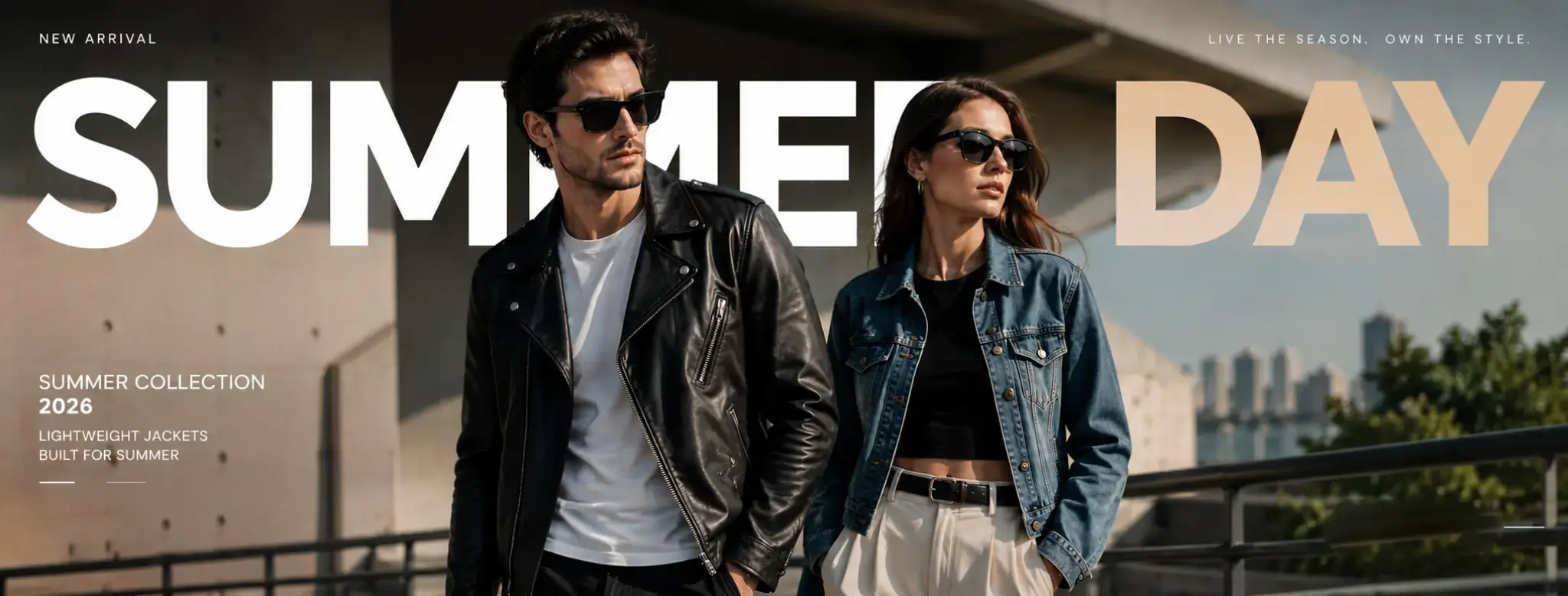 Hero banner featuring a male model in a black jacket and a female model in a blue denim jacket outdoors with Summer Day text overlay.