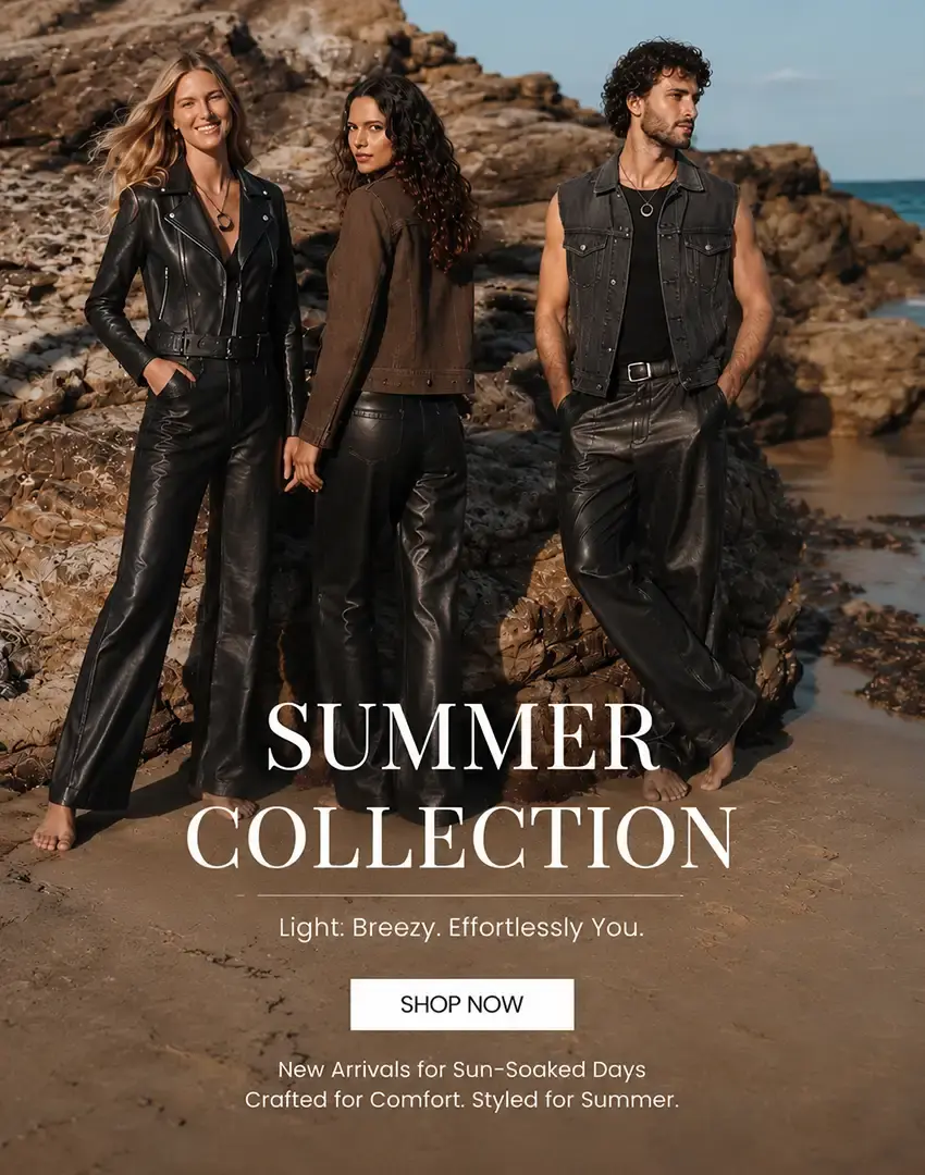 the Summer Collection fashion campaign, featuring three barefoot models posing in leather trousers and jackets on a rocky beach, with the text "SUMMER COLLECTION" centered at the bottom.