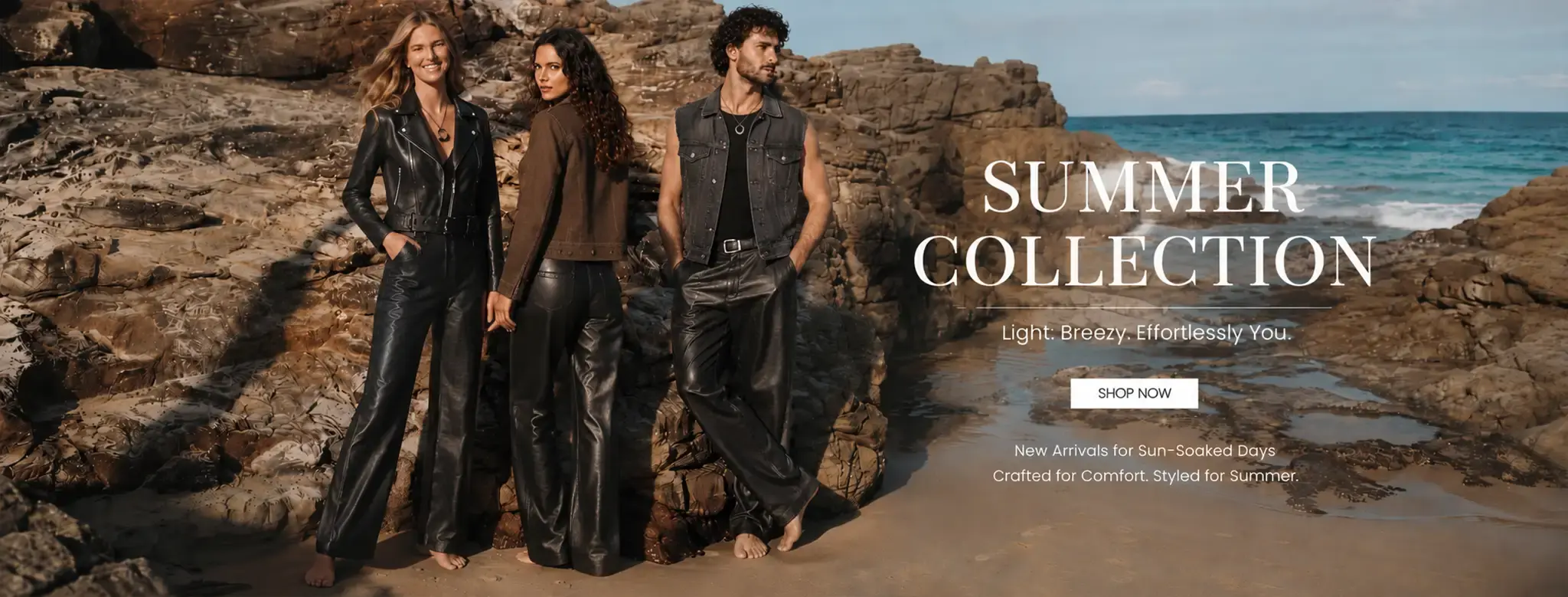 fashion brand's Summer Collection, featuring three models on a rocky beach wearing leather pants, jackets, and a denim vest, alongside