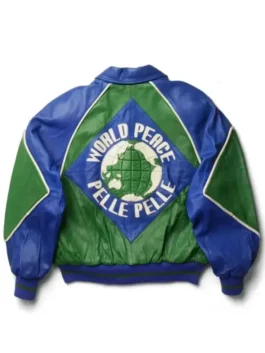 Back view of Swizz Beatz World Peace Leather Jacket highlighting bold artwork, detailed stitching, and a clean structured shape