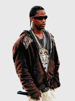 TOMA Football Event 2026 Travis Scott Jacket showcasing professional kangaroo pockets and luxury relaxed knit body.