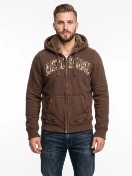 TOMA Football Event 2026 Travis Scott Jacket front view in professional brown fleece with a luxury hooded collar.
