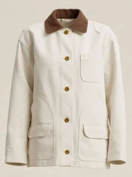 Front view of an off-white cotton chore jacket with a contrast brown corduroy collar, chest patch pocket, and flap hip pockets