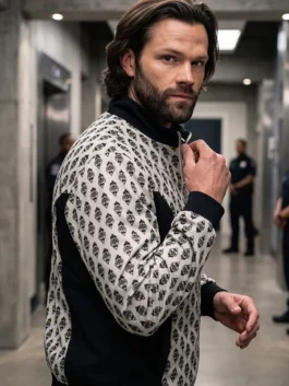Black and white The Boys S05 Mr Marathon Printed Bomber Jacket as worn by Jared Padalecki bringing Mr. Marathon to life in The Boys S05