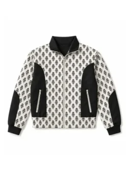 Front view of the black and white The Boys S05 Mr Marathon Printed Bomber Jacket worn by Mr. Marathon in The Boys Season 5