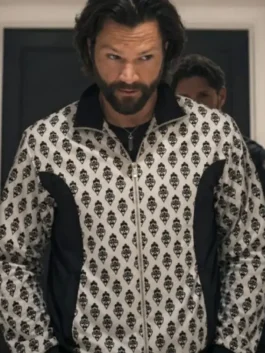 Classic black and white The Boys S05 Mr Marathon Printed Bomber Jacket celebrating the bold on-screen presence of Mr. Marathon in The Boys