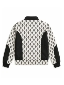 Back view of the black and white The Boys S05 Mr Marathon Printed Bomber Jacket revealing the full printed design from The Boys S05