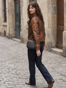 Distressed brown real leather The Bride Premiere Mia Regan Leather Jacket featuring a sleek stand up collar.
