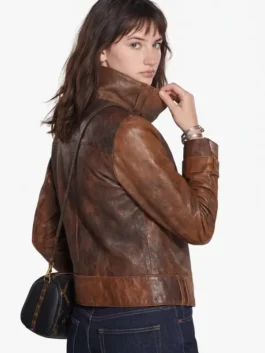 Back view of distressed brown real leather The Bride Premiere Mia Regan Leather Jacket showing clean panel seams.