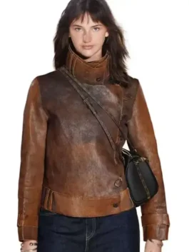 Front view of distressed brown leather The Bride Premiere Mia Regan Leather Jacket highlighting loop buttons.