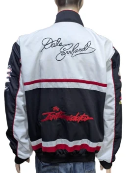 Rear view of the racing jacket on a mannequin, showcasing a large script signature across the upper white panel and bold red "The Intimidator" embroidery on the lower black section.