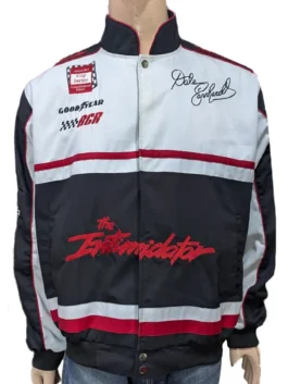 Front view of the black and white racing jacket on a mannequin, featuring a snap-button closure, a stand-up collar, chest logos, a script signature, and large red text across the lower half.