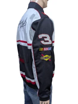 Side profile view of a mannequin wearing the racing jacket, showcasing the right sleeve with the number 3 patch, a NASCAR logo, and a Sunoco sponsor patch.