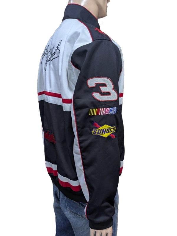 Side profile view of a mannequin wearing the racing jacket, showcasing the right sleeve with the number 3 patch, a NASCAR logo, and a Sunoco sponsor patch.