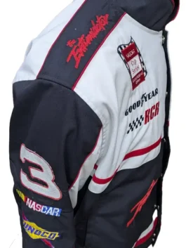 Close-up side view of the white and black racing jacket showcasing red embroidered