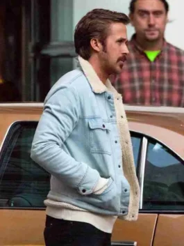 Side view of Ryan Gosling Fur Jacket inspired by The Nice Guys with a classic silhouette and fur-lined finish