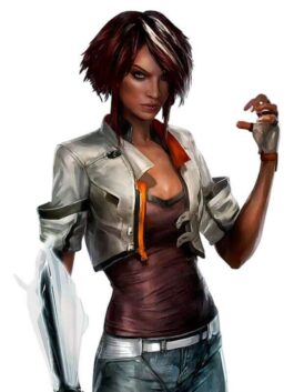 Nilin Cartier-Wells from the video game Remember Me wearing a white cropped jacket with orange inner lining and short cuffed sleeves