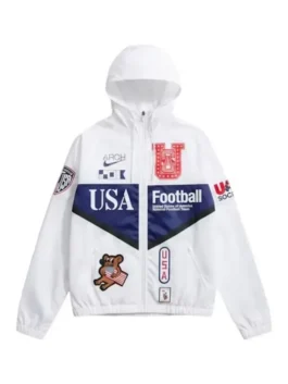 Front view of Virgil Abloh USA Anthem Jacket with the USMNT World Cup 2026 white anthem track design
