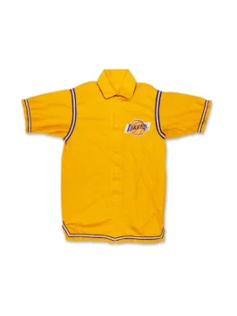 Front view of yellow Wilt Chamberlain Lakers 1972 Finals Warm-Up Jacket featuring shirt style collar and buttons.