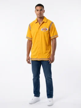 Full model view of Wilt Chamberlain Lakers 1972 Finals Warm-Up Jacket in bright yellow with a button front closure.