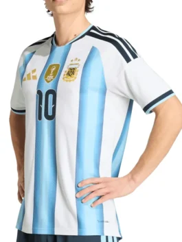 Model view showcasing the athletic silhouette of the striped World Cup 2026 Argentina Messi Jersey in polyester.
