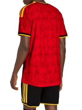 Model view showing the athletic silhouette of the red polyester World Cup 2026 Belgium Jersey from the rear.