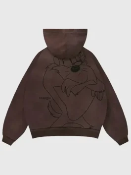 Back view of brown plaid YoungLA x Looney Tunes Plaid Zip-Up Hoodie in soft fleece with rib knitted cuffs.