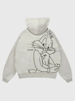 Rear look of grey YoungLA x Looney Tunes Plaid Zip-Up Hoodie with comfortable full length sleeves.