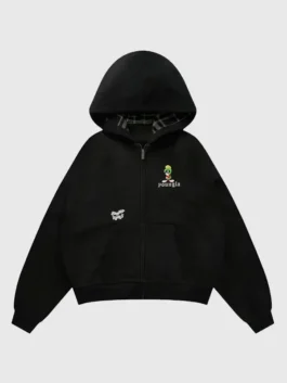 Front view of YoungLA x Looney Tunes Plaid Zip-Up Hoodie with a hooded collar and front zip closure.