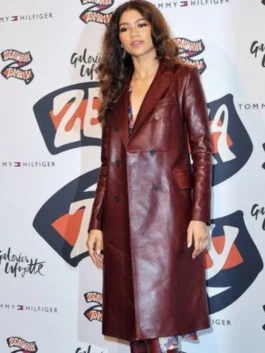 Zendaya Burgundy Leather Trench Coat View Look