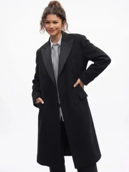 Zendaya Long Black Wool Coat Front View