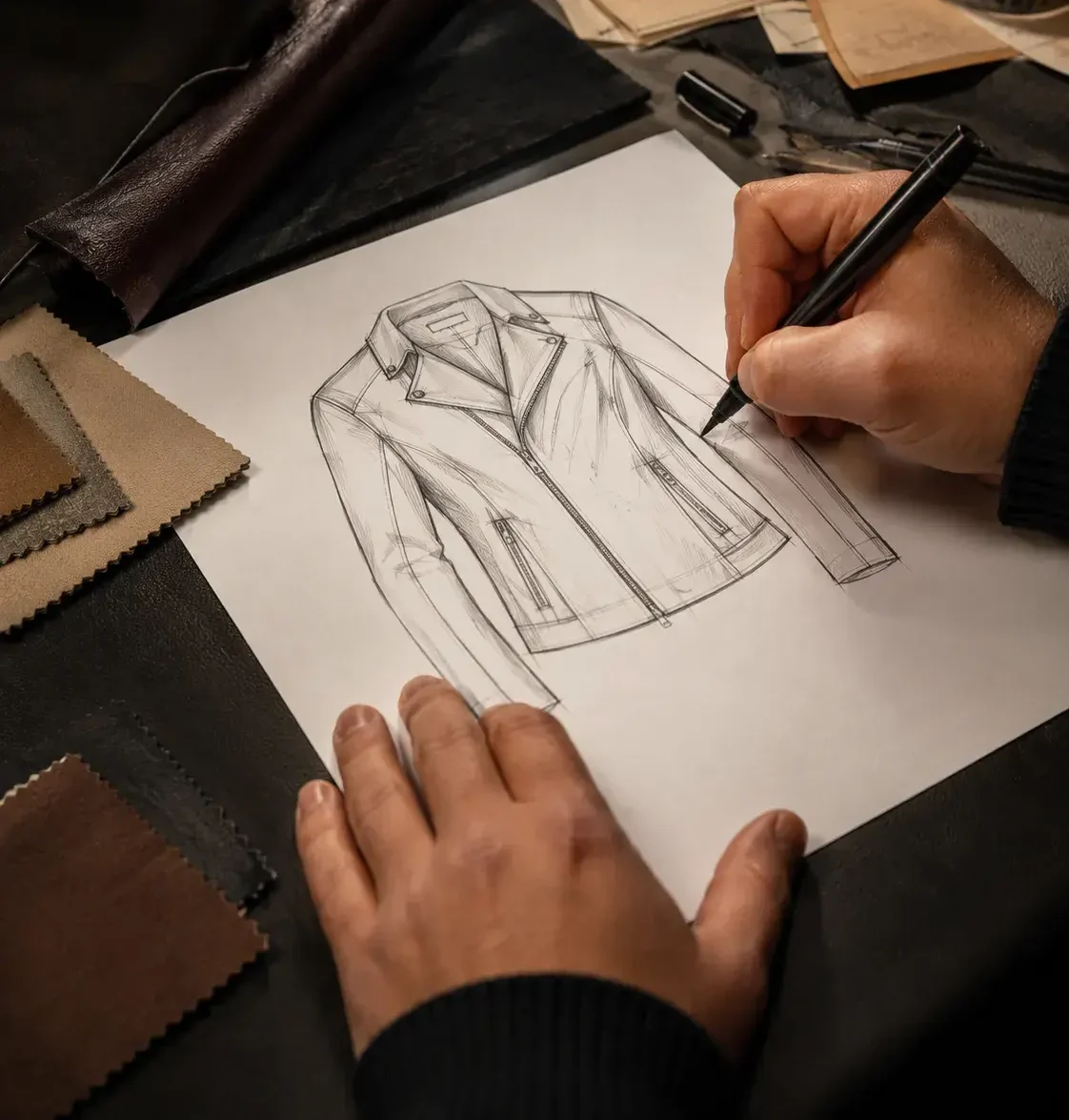 Designer sketching a custom leather jacket