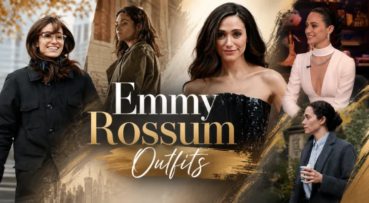 Emmy Rossum outfits blog banner featuring her casual coats, formal looks, and screen style in an elegant gold fashion collage