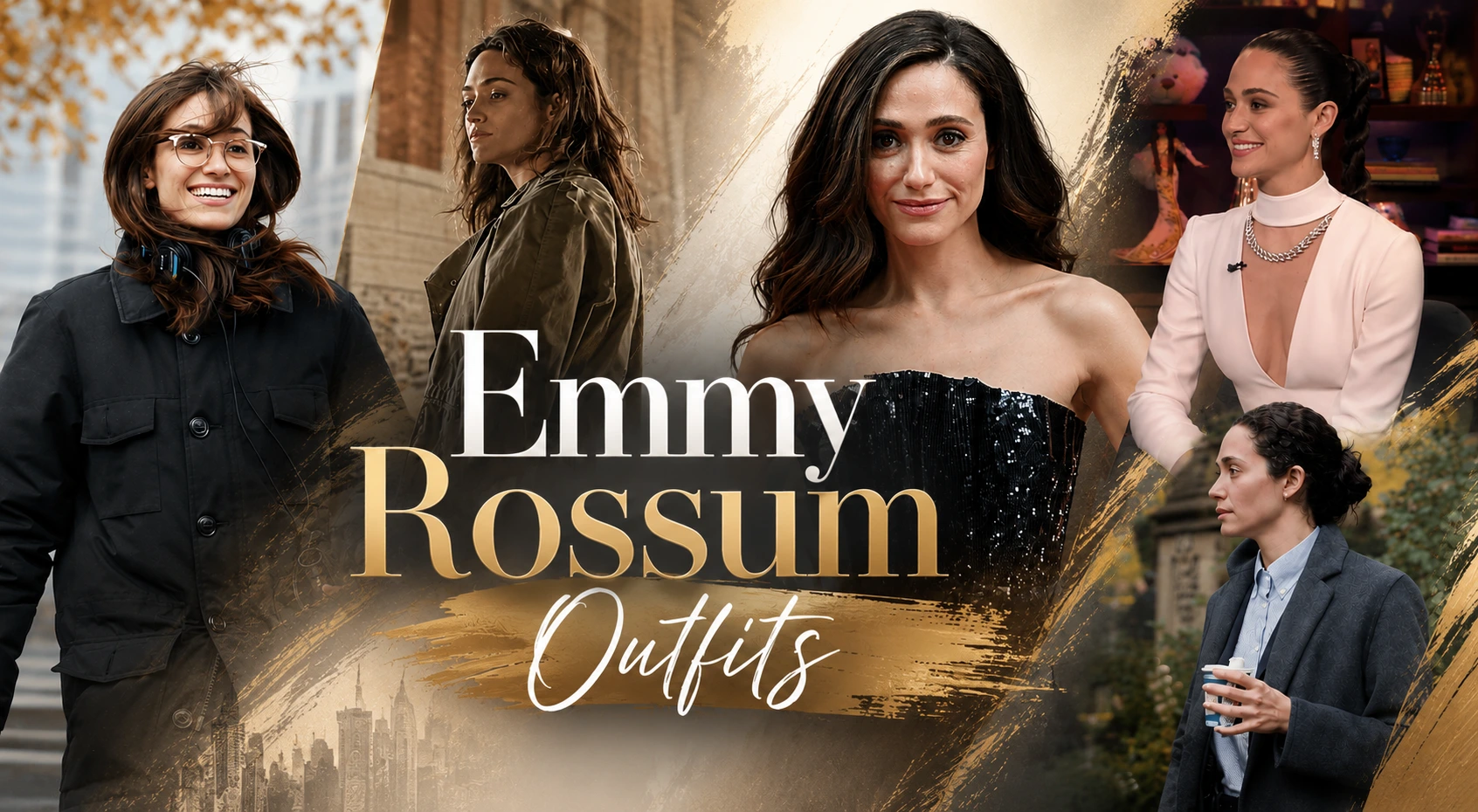 Emmy Rossum outfits blog banner featuring her casual coats, formal looks, and screen style in an elegant gold fashion collage