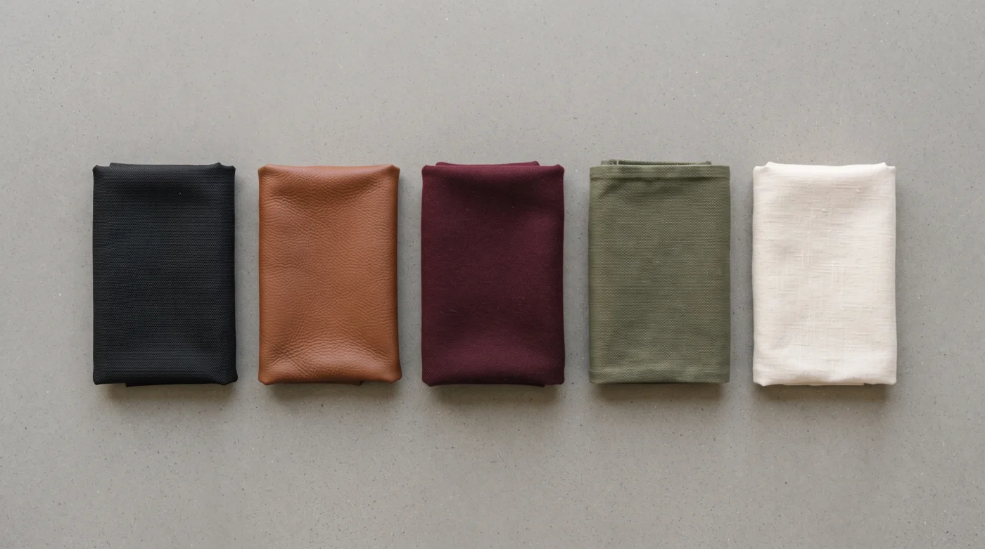 Fabric swatches in black, brown, burgundy, olive, and cream for choosing a jacket color