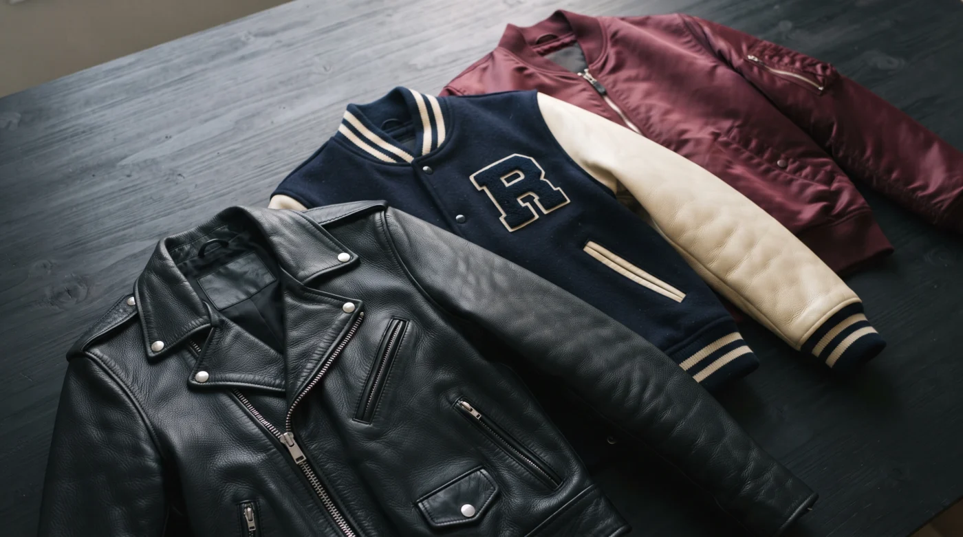Leather, wool varsity, and satin bomber jackets showing different jacket materials and colors