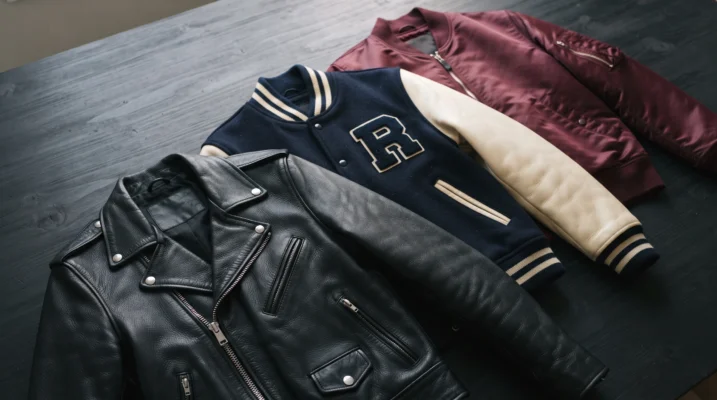 Leather, wool varsity, and satin bomber jackets showing different jacket materials and colors