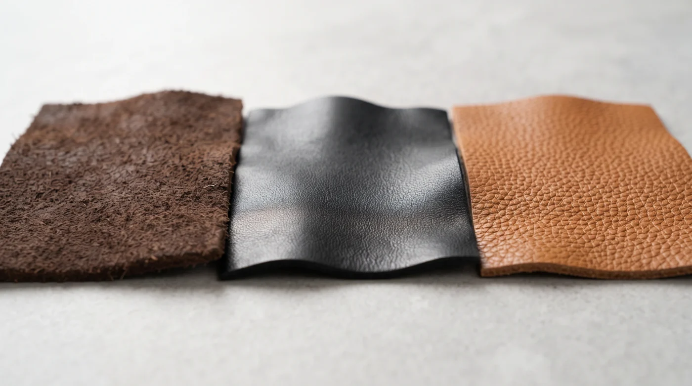Cowhide, lambskin, and goatskin leather swatches compared for texture and grain