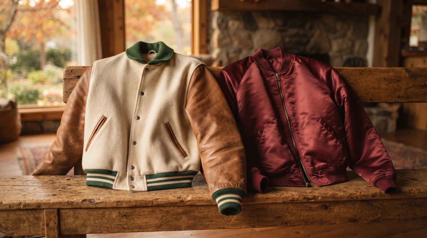 Wool varsity jacket with leather sleeves next to a glossy satin bomber jacket