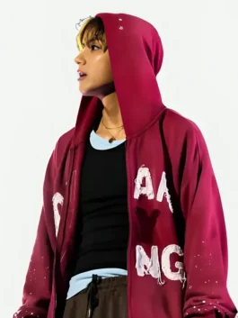 Red fleece BTS Arirang NY Hoodie featuring a cozy hooded collar and long sleeves with rib knitted cuffs.