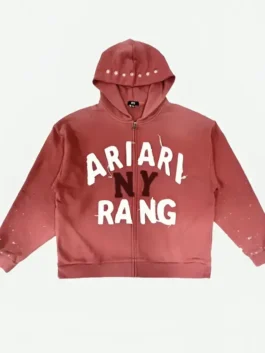 Front view of red BTS Arirang NY Hoodie displaying a full length zipper closure and hooded design.