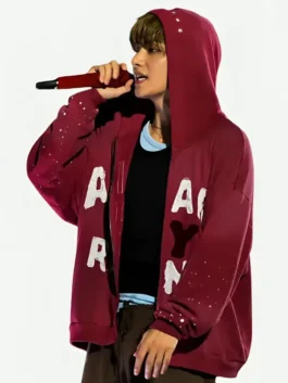 Rear view of the red fleece BTS Arirang NY Hoodie showing clean stitching and an athletic fit.