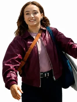 Below Ruby Stokes Maroon Leather Jacket Close-Up View
