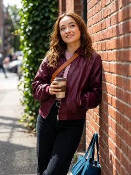 Below Ruby Stokes Maroon Leather Jacket View Look