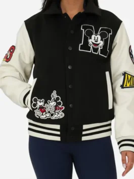 Front view of black and white Disney Adult Unisex Black Varsity Jacket highlighting the classic button closure.