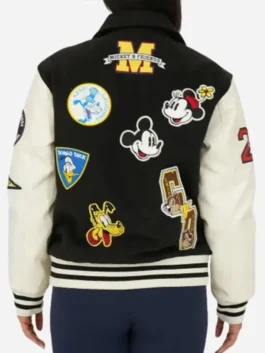 Back view of black and white Disney Adult Unisex Black Varsity Jacket showing rib knitted cuffs and clean seams.