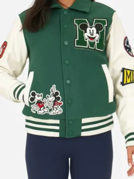Front view of green and white Disney Adult Unisex Green Varsity Jacket highlighting the neat button closure.
