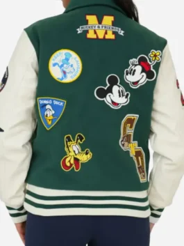 Back view of green and white Disney Adult Unisex Green Varsity Jacket with rib knitted cuffs and clean seams.